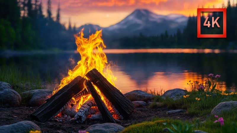 4 K CAMPFIRE 12 Hour Lakeside Ambience Calm Nature Sounds with Crackling